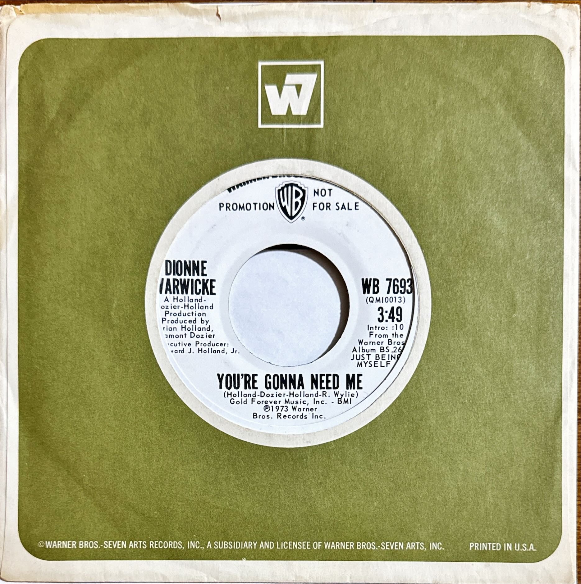 Dionne Warwicke – You're Gonna Need Me / (I'm) Just Being Myself (Warner Bros. Records US Promo) 7inch